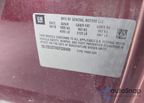 2016 Chevrolet Malibu 1Lt из США, поврежденный, VIN 1G1ZE5ST8GF328439